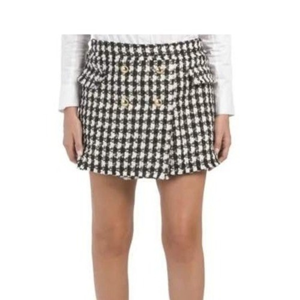 House of Harlow Houndstooth‎ Tweed Boucle Skort Skirt Gold Buttons Wool Blend XL